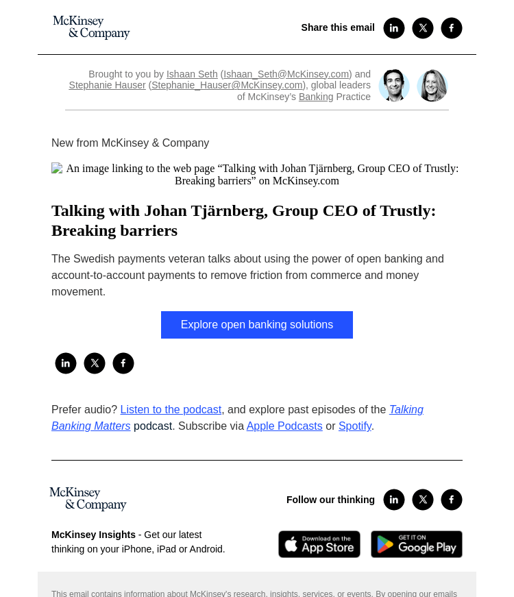 Письмо компании «McKinsey & Company» на тему «Talking with Johan Tjärnberg, Group CEO of Trustly: Breaking barriers»
