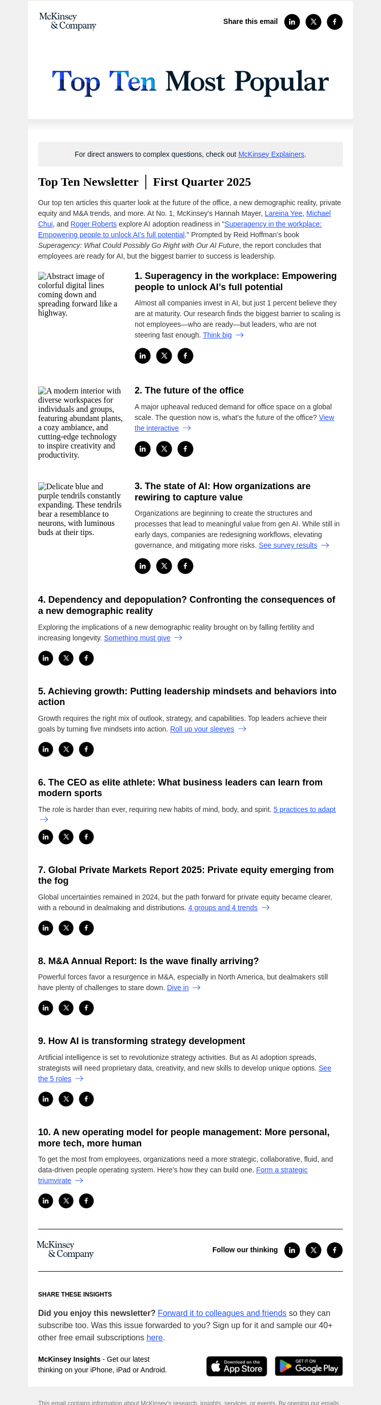 Письмо компании «McKinsey & Company» на тему «Top 10 articles this quarter»