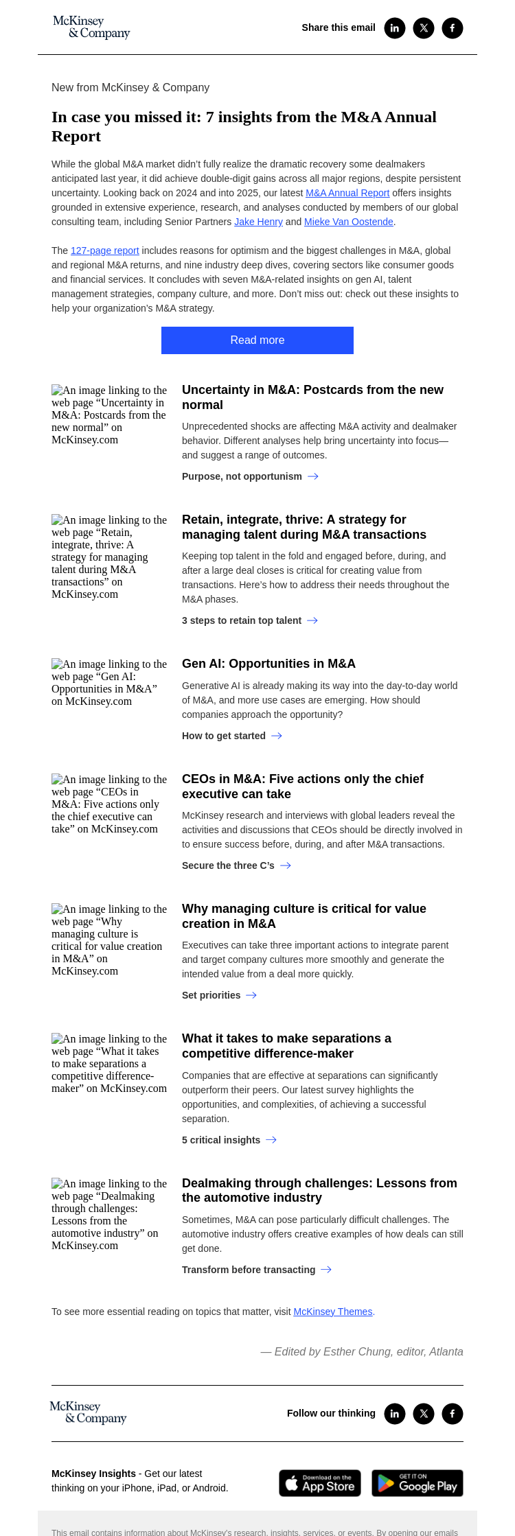 Письмо компании «McKinsey & Company» на тему «Gen AI, talent management, and more: 2025 M&A Annual Report»