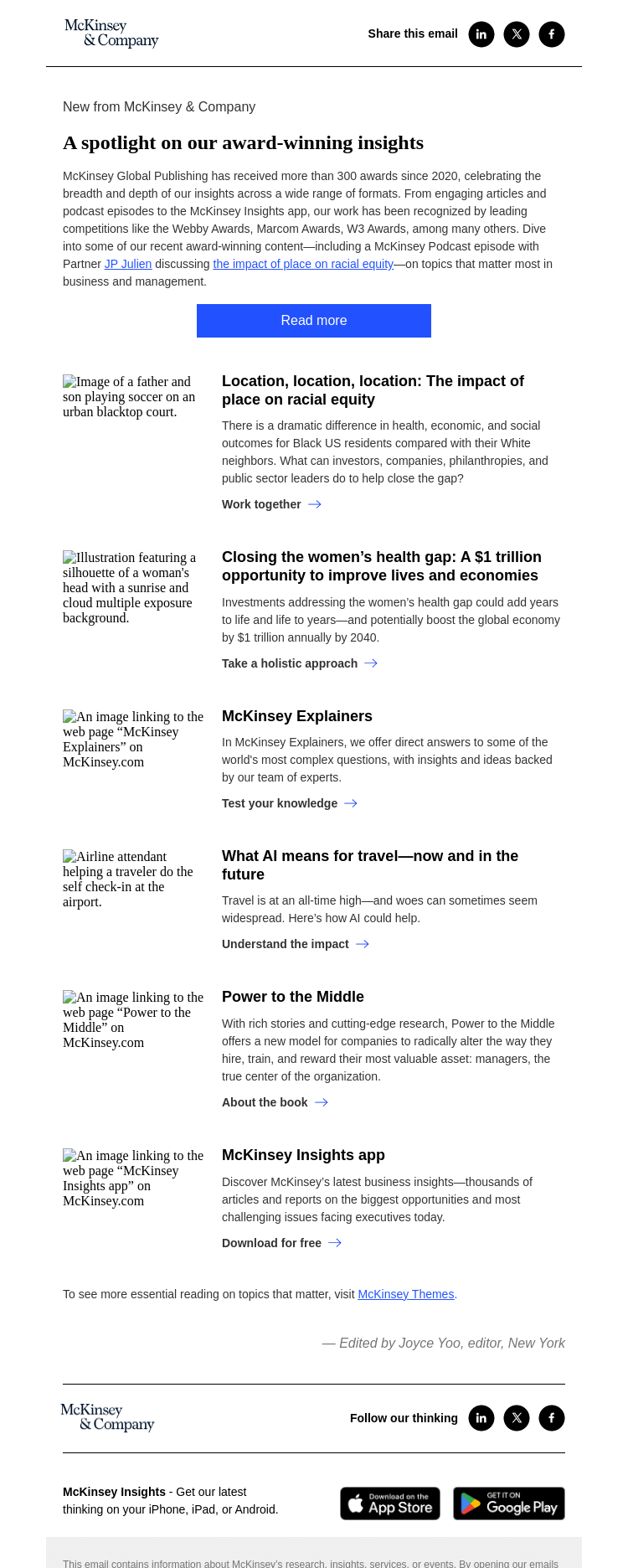 Письмо компании «McKinsey & Company» на тему «A spotlight on our award-winning insights»