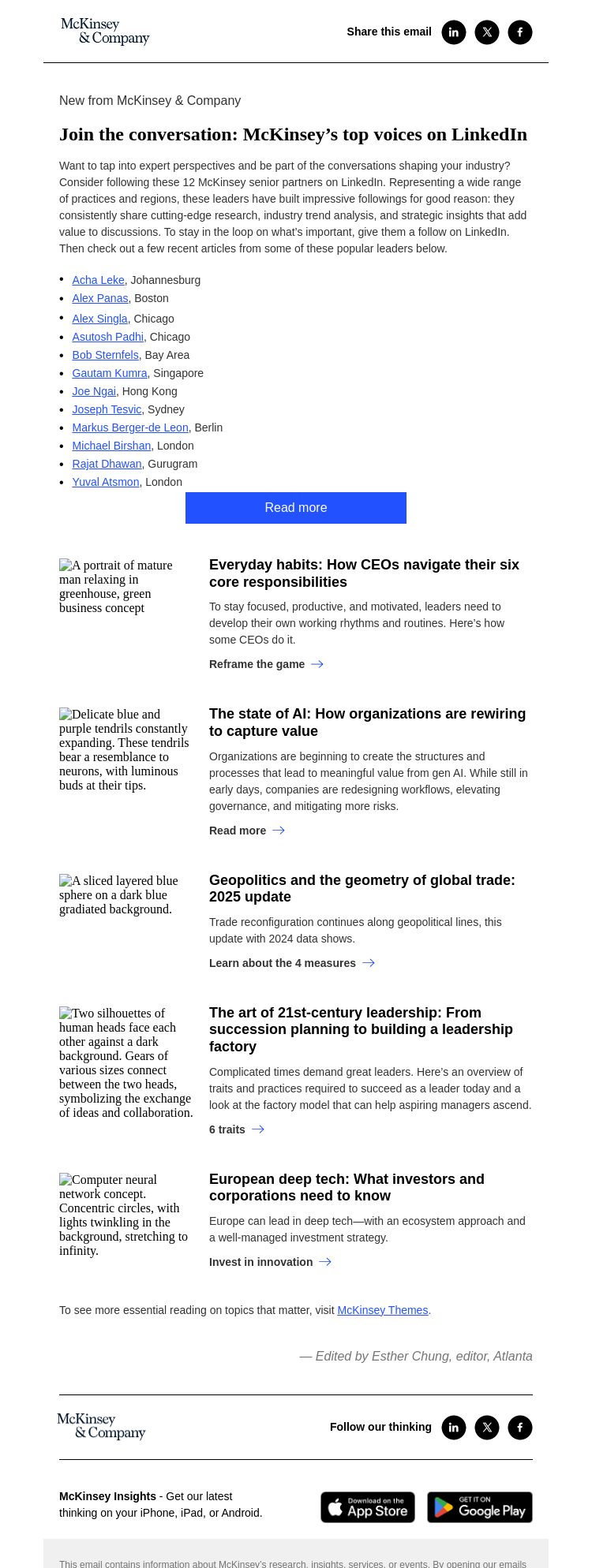 Письмо компании «McKinsey & Company» на тему «12 McKinsey senior partners to follow on LinkedIn»