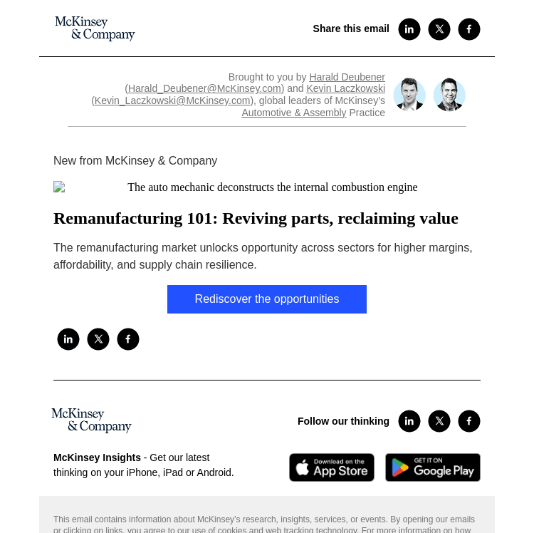 Письмо компании «McKinsey & Company» на тему «Remanufacturing 101: Reviving parts, reclaiming value»