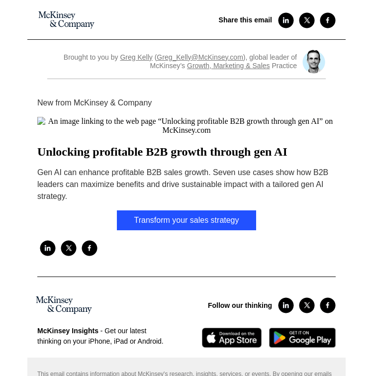 Письмо компании «McKinsey & Company» на тему «Unlocking profitable B2B growth through gen AI»