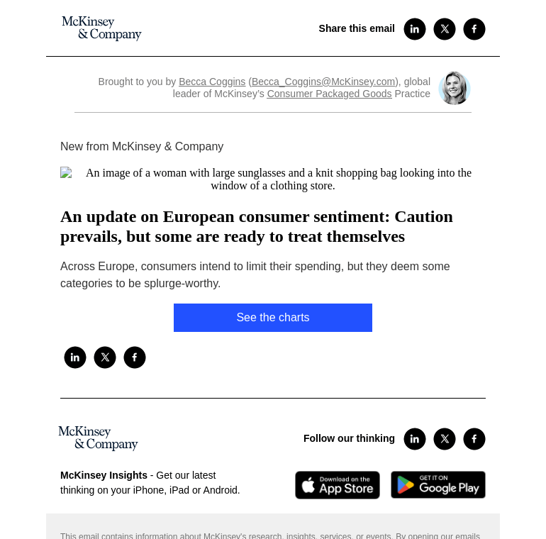 Письмо компании «McKinsey & Company» на тему «An update on European consumer sentiment: Caution prevails, but
 some are ready to treat themselves»