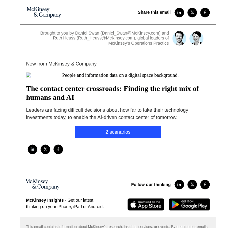 Письмо компании «McKinsey & Company» на тему «The contact center crossroads: Finding the right mix of humans and
 AI»