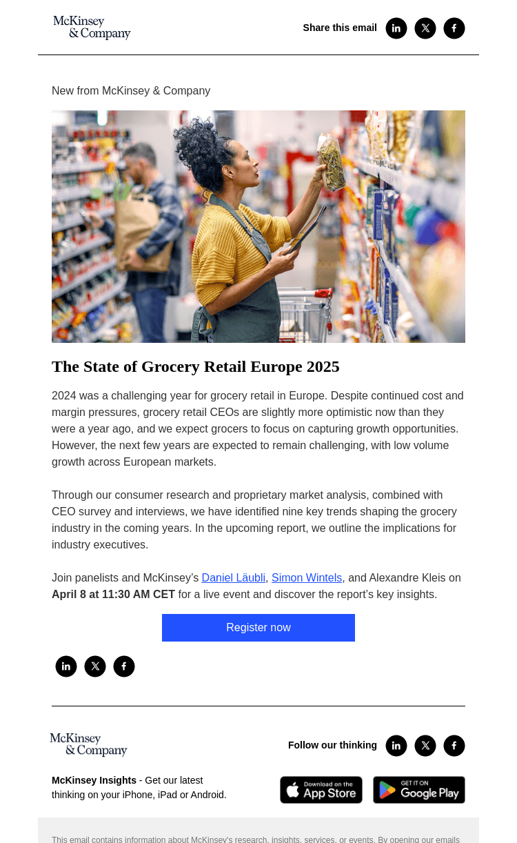 Письмо компании «McKinsey & Company» на тему «You’re invited! Join us for a McKinsey virtual event on the state of grocery retail in Europe»