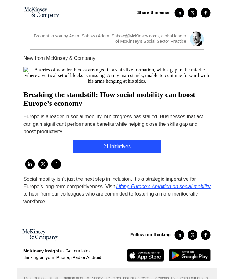Письмо компании «McKinsey & Company» на тему «Breaking the standstill: How social mobility can boost Europe’s economy»