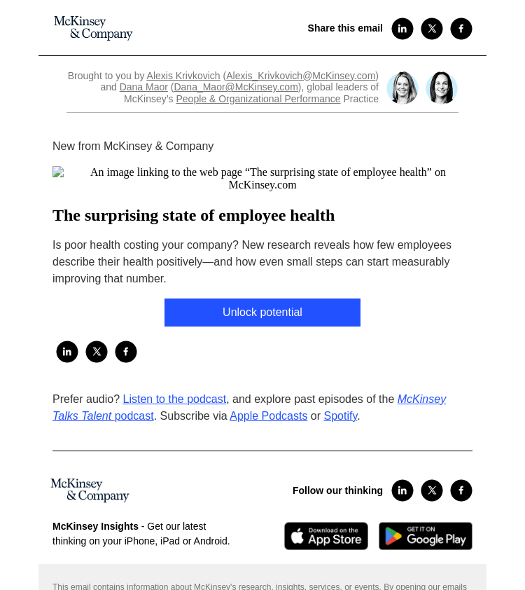 Письмо компании «McKinsey & Company» на тему «The surprising state of employee health»