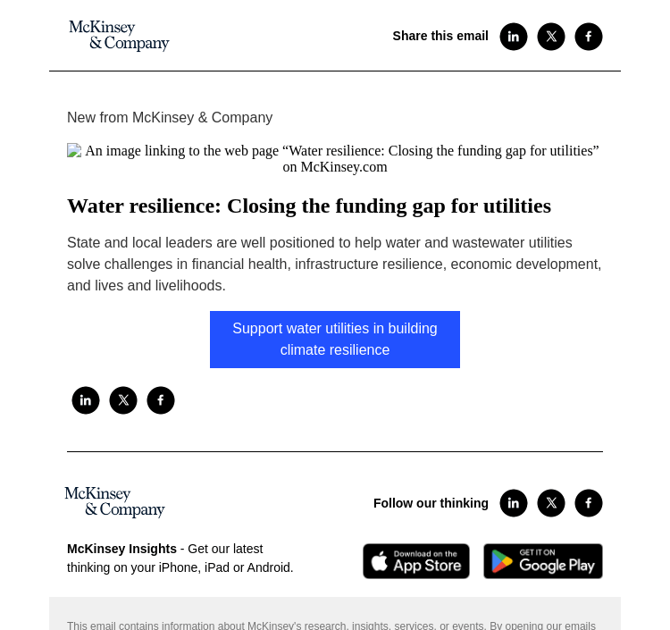 Письмо компании «McKinsey & Company» на тему «Water resilience: Closing the funding gap for utilities»