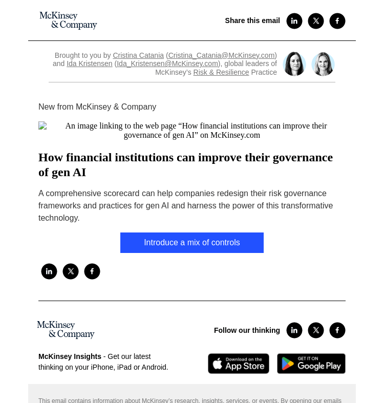 Письмо компании «McKinsey & Company» на тему «How financial institutions can improve their governance of gen AI»