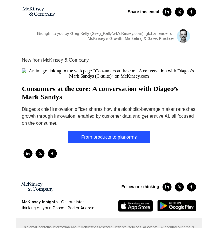 Письмо компании «McKinsey & Company» на тему «Consumers at the core: A conversation with Diageo’s Mark Sandys»
