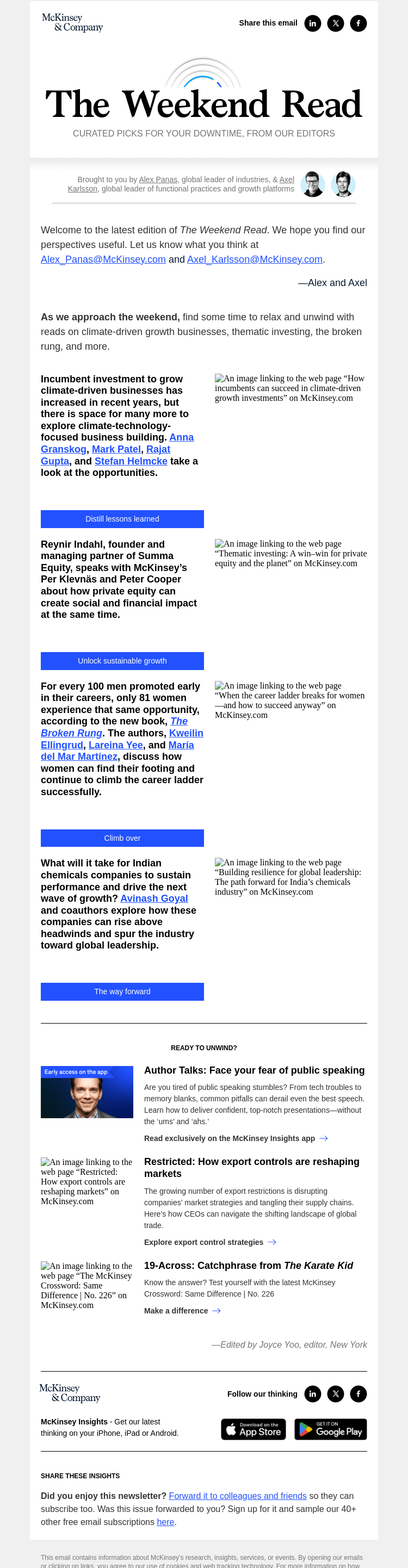 Письмо компании «McKinsey & Company» на тему «Climate-driven growth businesses, thematic investing, the broken
 rung, and more: The Weekend Read»