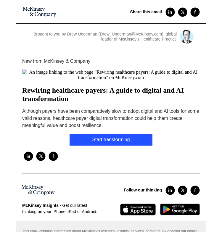 Письмо компании «McKinsey & Company» на тему «Rewiring healthcare payers: A guide to digital and AI
 transformation»