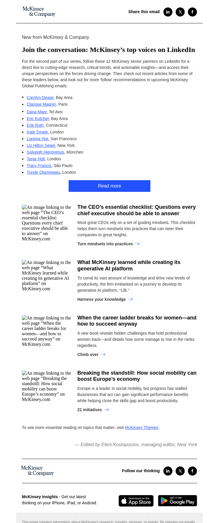 Письмо компании «McKinsey & Company» на тему «12 McKinsey senior partners to follow on LinkedIn»