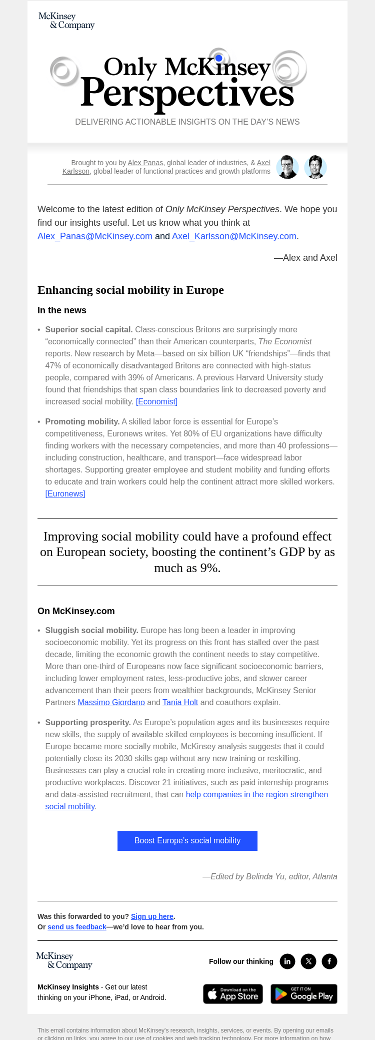 Письмо компании «McKinsey & Company» на тему «How higher social mobility could improve Europe’s economy»