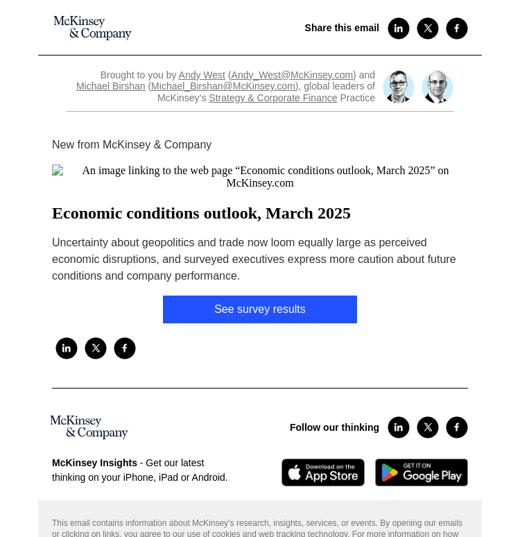 Письмо компании «McKinsey & Company» на тему «Economic conditions outlook, March 2025»