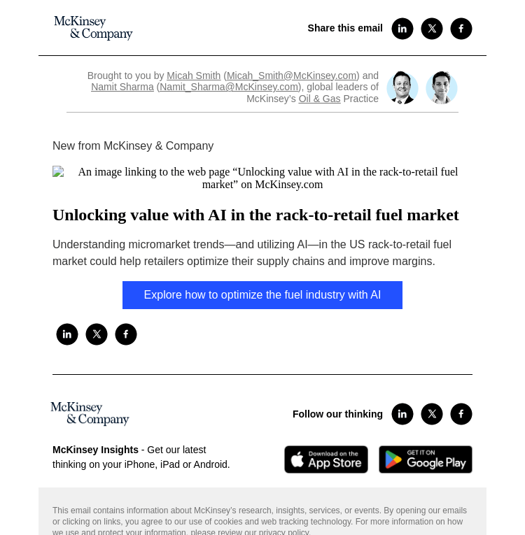 Письмо компании «McKinsey & Company» на тему «Unlocking value with AI in the rack-to-retail fuel market»