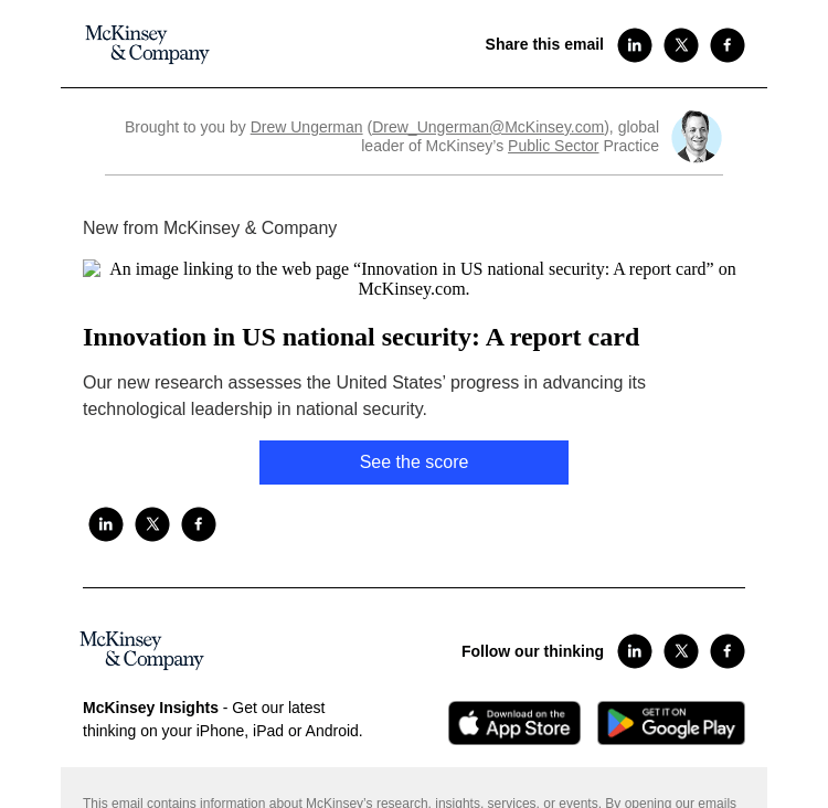 Письмо компании «McKinsey & Company» на тему «Innovation in US national security: A report card»