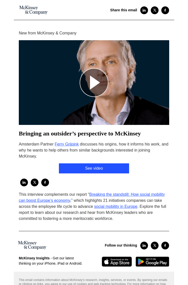 Письмо компании «McKinsey & Company» на тему «Voices on social mobility in Europe: Bringing an outsider's
 perspective to McKinsey»