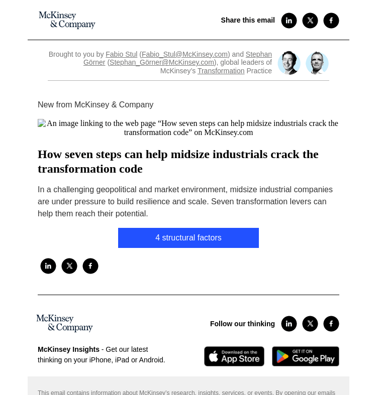 Письмо компании «McKinsey & Company» на тему «How seven steps can help midsize industrials crack the
 transformation code»