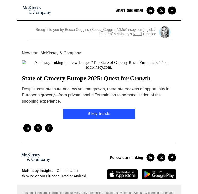 Письмо компании «McKinsey & Company» на тему «[State of Grocery Retail Europe 2025] Quest for Growth»
