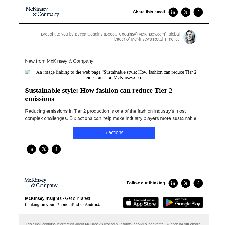 Письмо компании «McKinsey & Company» на тему «Sustainable style: How fashion can reduce Tier 2 emissions»