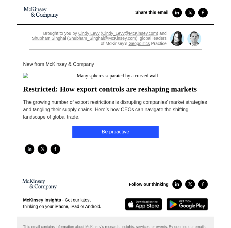Письмо компании «McKinsey & Company» на тему «Restricted: How export controls are reshaping markets»