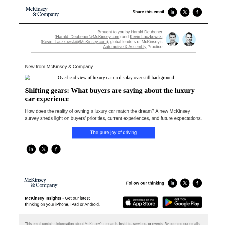 Письмо компании «McKinsey & Company» на тему «Shifting gears: What buyers are saying about the luxury-car
 experience»