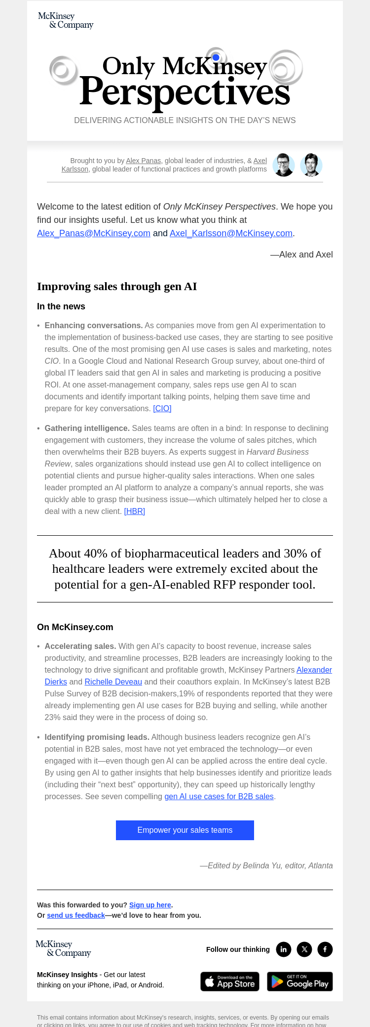 Письмо компании «McKinsey & Company» на тему «How companies are using gen AI to strengthen sales»