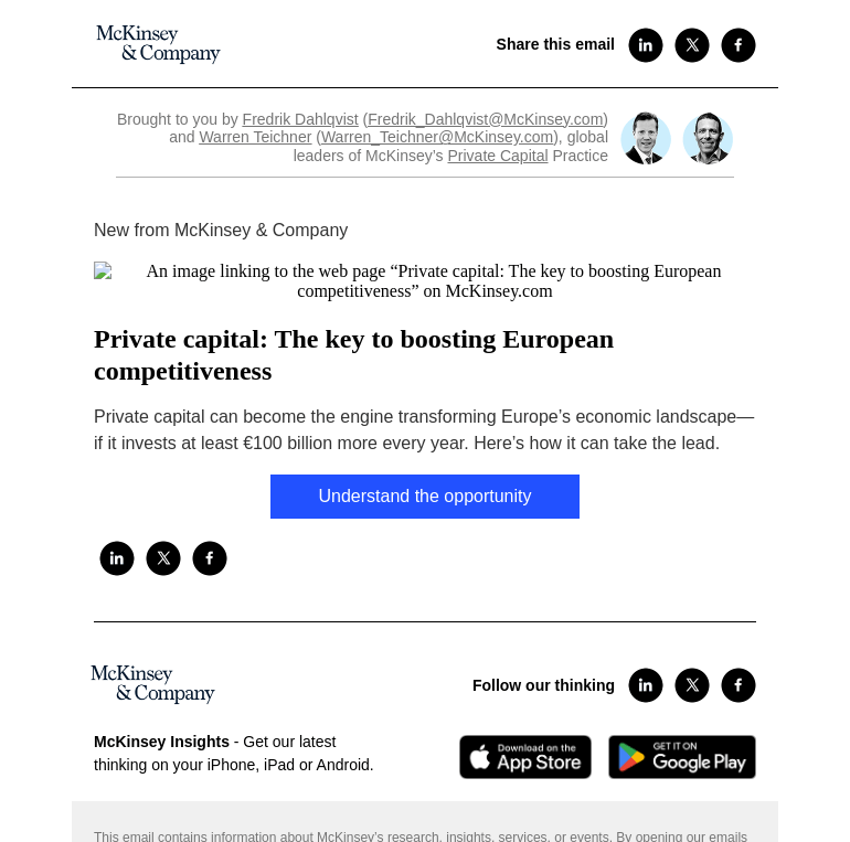 Письмо компании «McKinsey & Company» на тему «Private capital: The key to boosting European competitiveness»