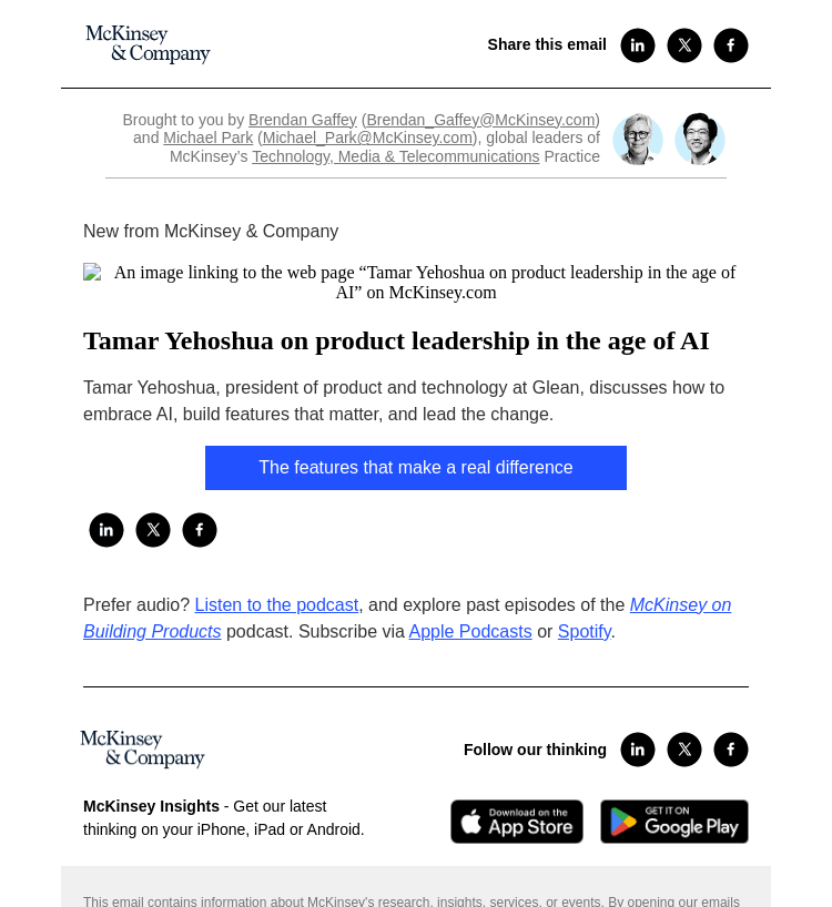 Письмо компании «McKinsey & Company» на тему «Tamar Yehoshua on product leadership in the age of AI»