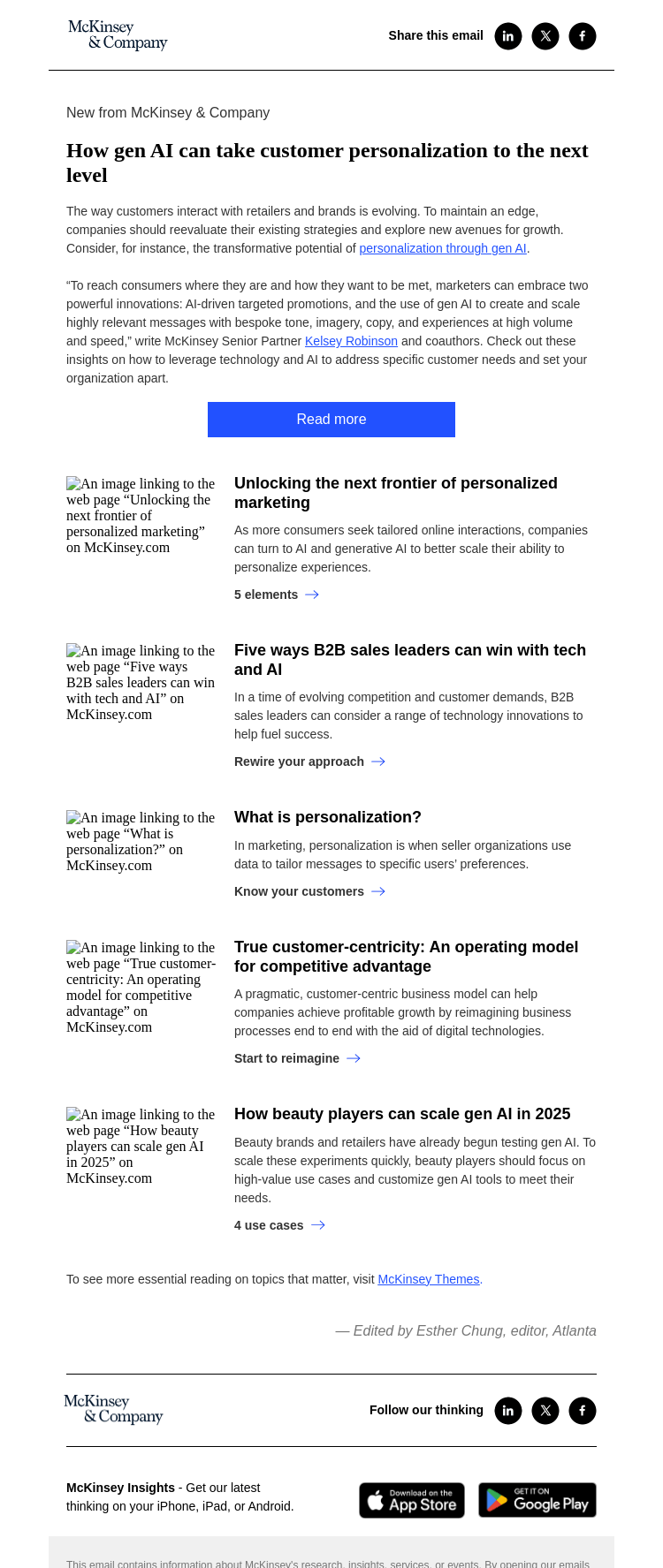 Письмо компании «McKinsey & Company» на тему «Gen AI: Redefining customer personalization»
