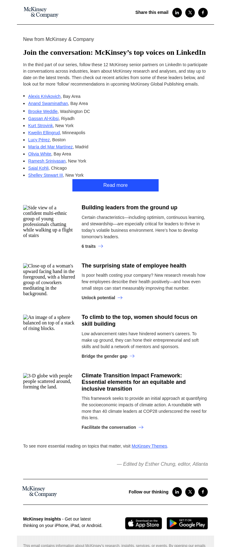 Письмо компании «McKinsey & Company» на тему «12 McKinsey senior partners to follow on LinkedIn»