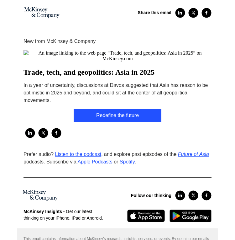 Письмо компании «McKinsey & Company» на тему «Trade, tech, and geopolitics: Asia in 2025»