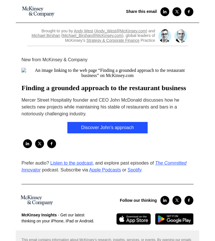 Письмо компании «McKinsey & Company» на тему «Finding a grounded approach to the restaurant business»