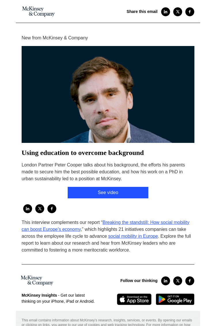 Письмо компании «McKinsey & Company» на тему «Voices on social mobility in Europe: Using education to overcome
 background»