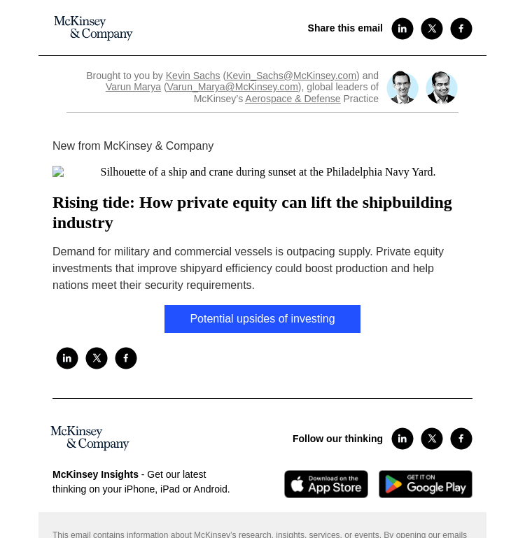 Письмо компании «McKinsey & Company» на тему «Rising tide: How private equity can lift the shipbuilding industry»