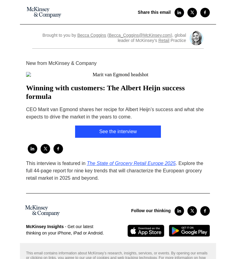 Письмо компании «McKinsey & Company» на тему «Winning with customers: The Albert Heijn success formula»