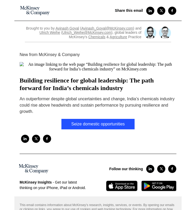 Письмо компании «McKinsey & Company» на тему «Building resilience for global leadership: The path forward for India’s chemicals industry»