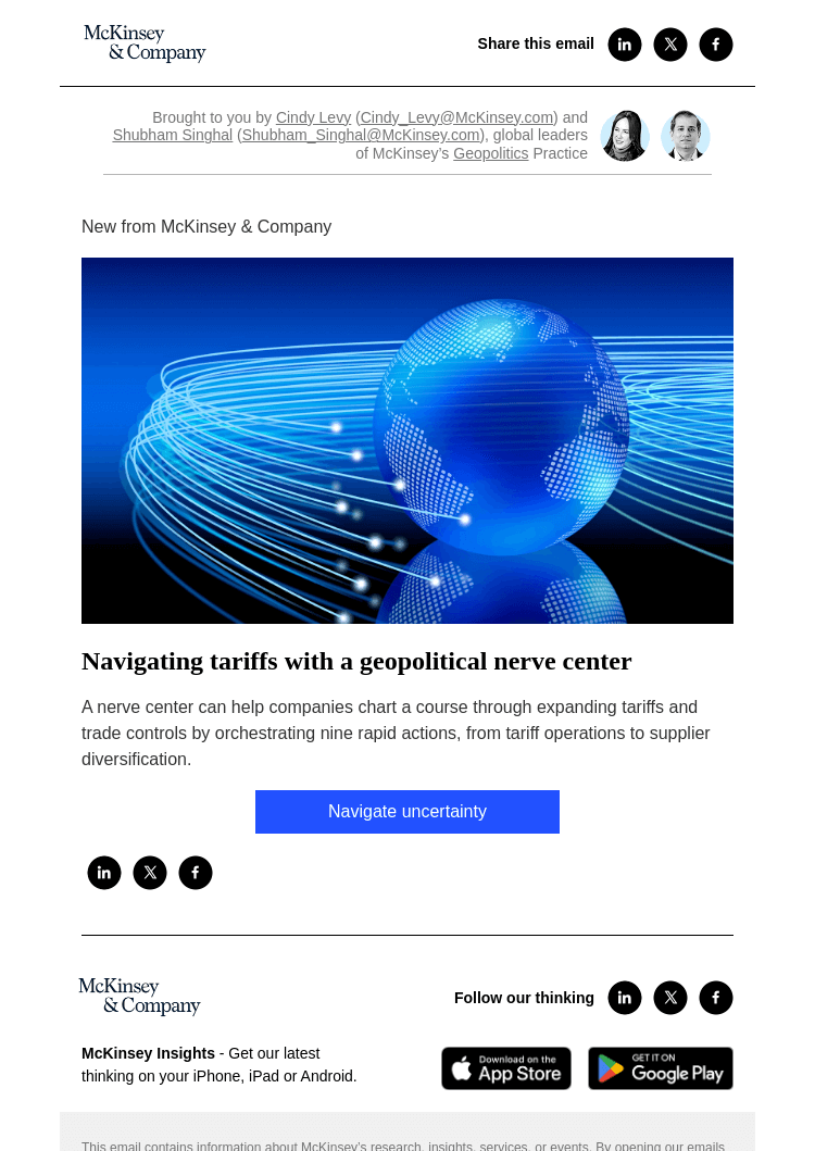 Письмо компании «McKinsey & Company» на тему «Navigating tariffs with a geopolitical nerve center»