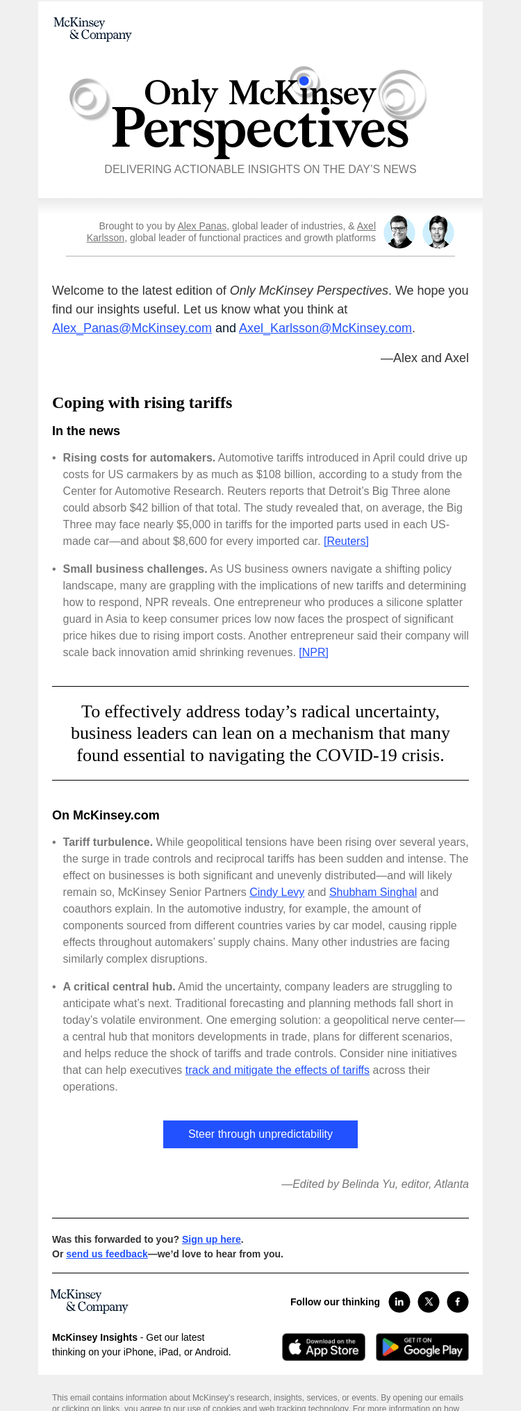 Письмо компании «McKinsey & Company» на тему «How can leaders tackle expanding trade controls and tariffs?»