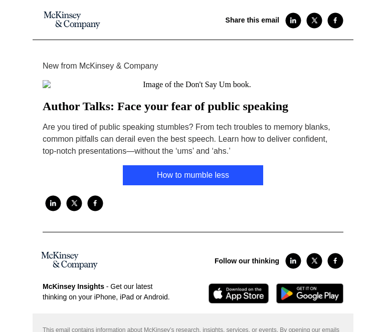 Письмо компании «McKinsey & Company» на тему «Author Talks: Face your fear of public speaking»