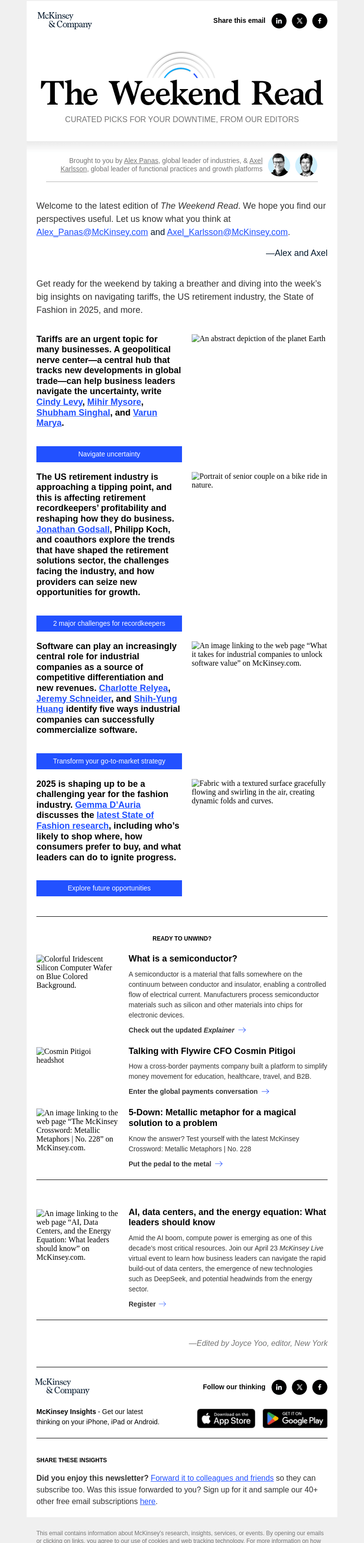 Письмо компании «McKinsey & Company» на тему «Navigating tariffs, the US retirement industry, the State of
 Fashion in 2025, and more: The Weekend Read»