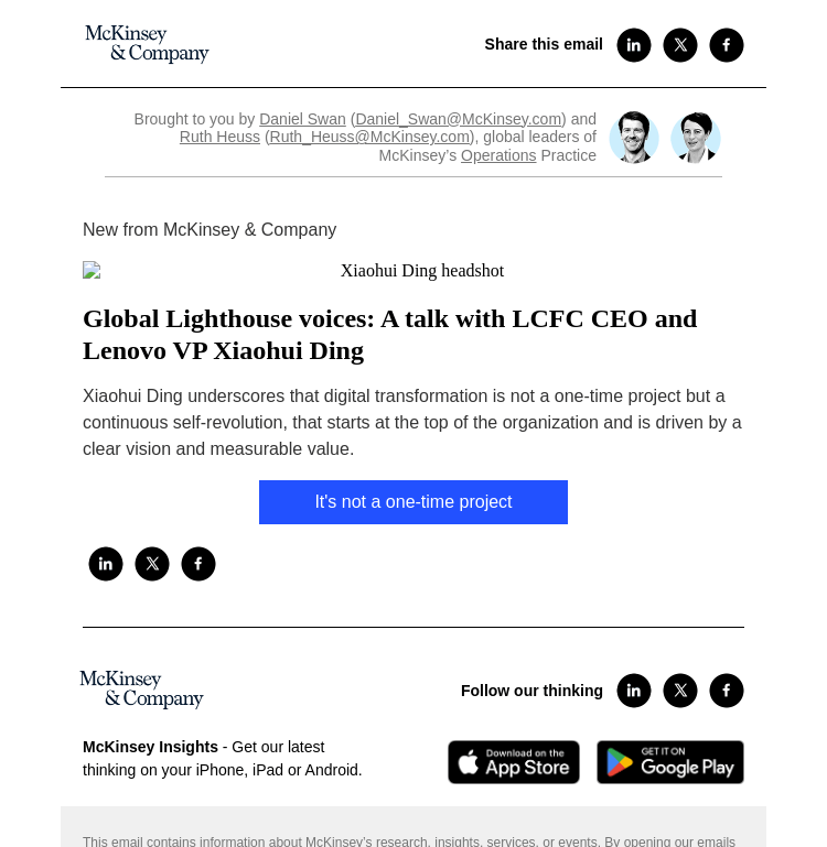 Письмо компании «McKinsey & Company» на тему «Global Lighthouse voices: A talk with LCFC CEO and Lenovo VP
 Xiaohui Ding»