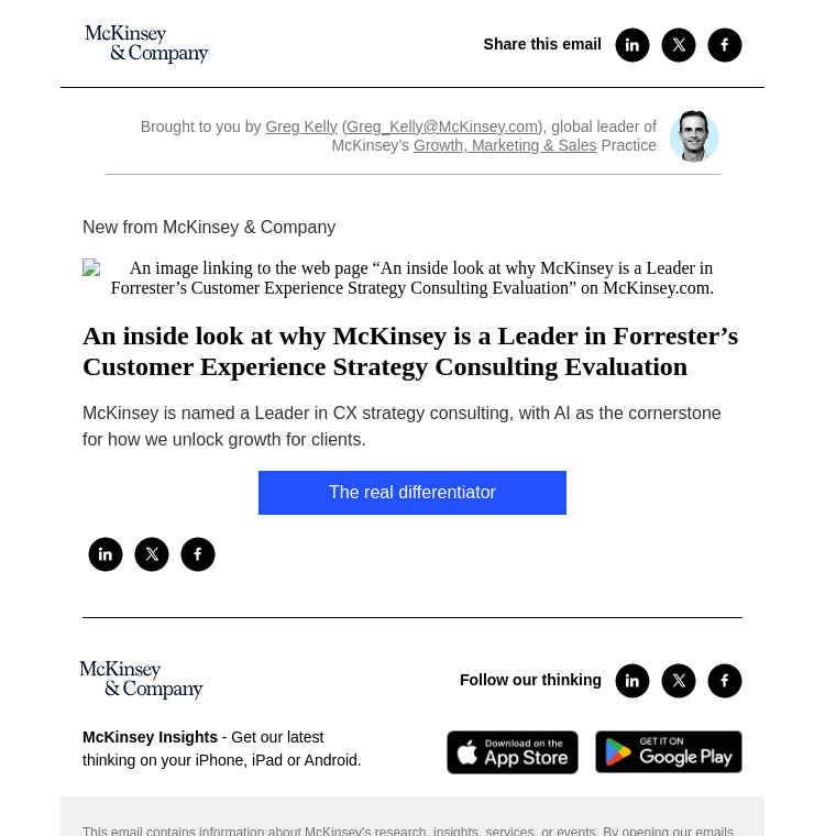 Письмо компании «McKinsey & Company» на тему «An inside look at why McKinsey is a Leader in Forrester’s Customer Experience Strategy Consulting Evaluation»