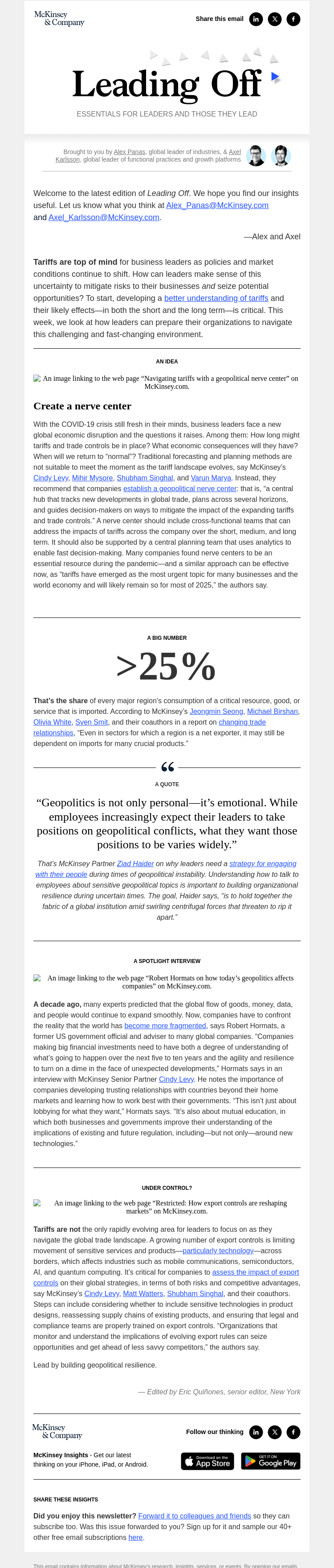 Письмо компании «McKinsey & Company» на тему «A leader’s guide to managing tariff-related uncertainty»