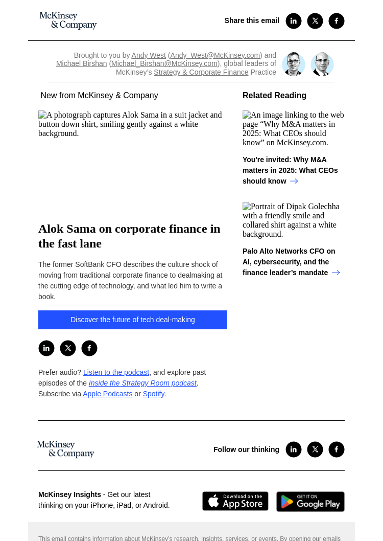 Письмо компании «McKinsey & Company» на тему «Alok Sama on corporate finance in the fast lane»