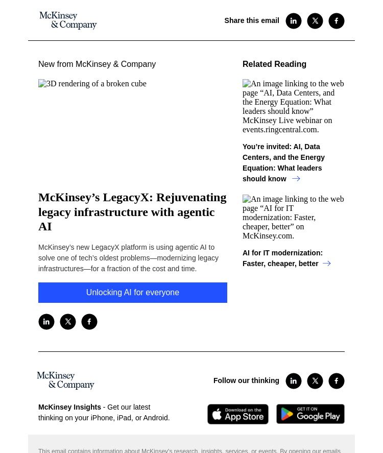 Письмо компании «McKinsey & Company» на тему «McKinsey’s LegacyX: Rejuvenating legacy infrastructure with agentic AI»