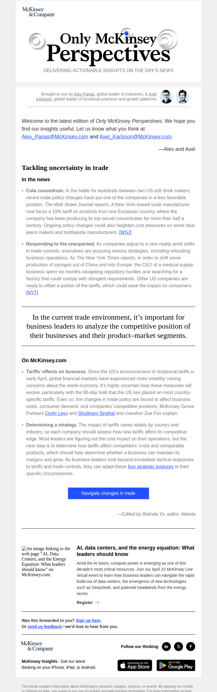 Письмо компании «McKinsey & Company» на тему «Positioning organizations to thrive in an evolving trade landscape»