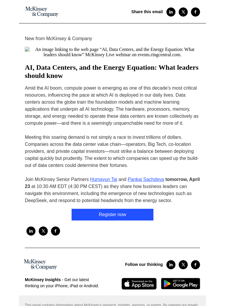 Письмо компании «McKinsey & Company» на тему «Tomorrow: Join us for a McKinsey Live virtual event on AI, data
 centers, and the energy equation»